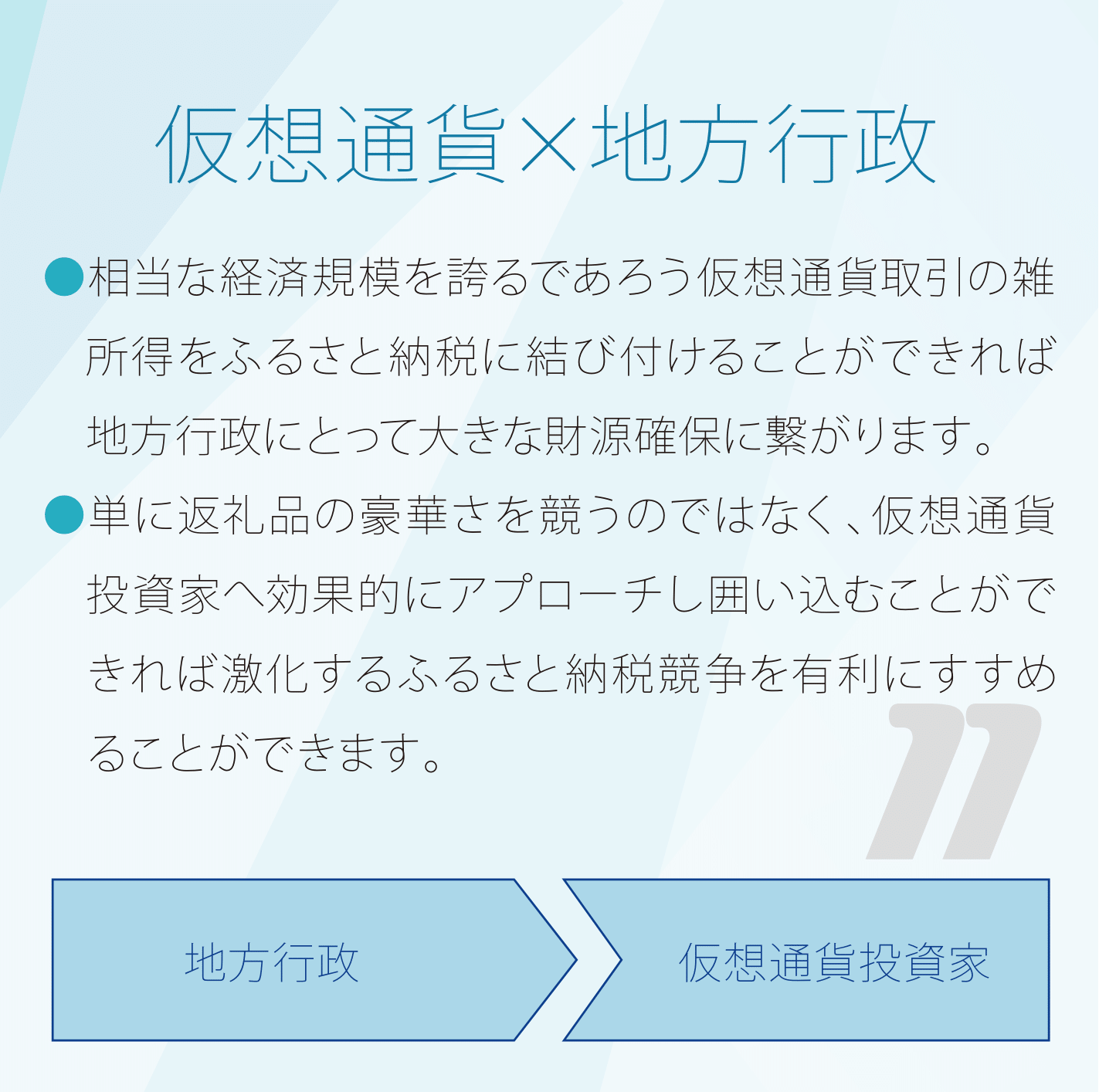 仮想通貨×地方行政 相当な経済規模を誇るであろう仮想通貨取引の雑所得をふるさと納税に結び付けることができれば地方行政にとって大きな財源確保に繋がります。 単に返礼品の豪華さを競うのではなく、仮想通貨投資家へ効果的にアプローチし囲い込むことができれば激化するふるさと納税競争を有利にすすめることができます。